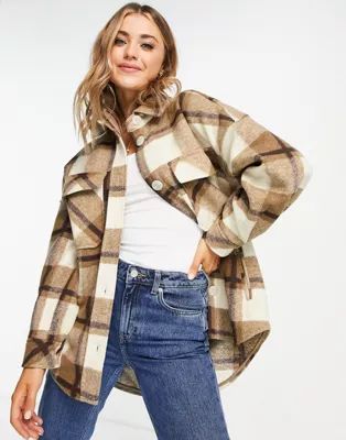 Stradivarius brushed shacket in beige check | ASOS (Global)