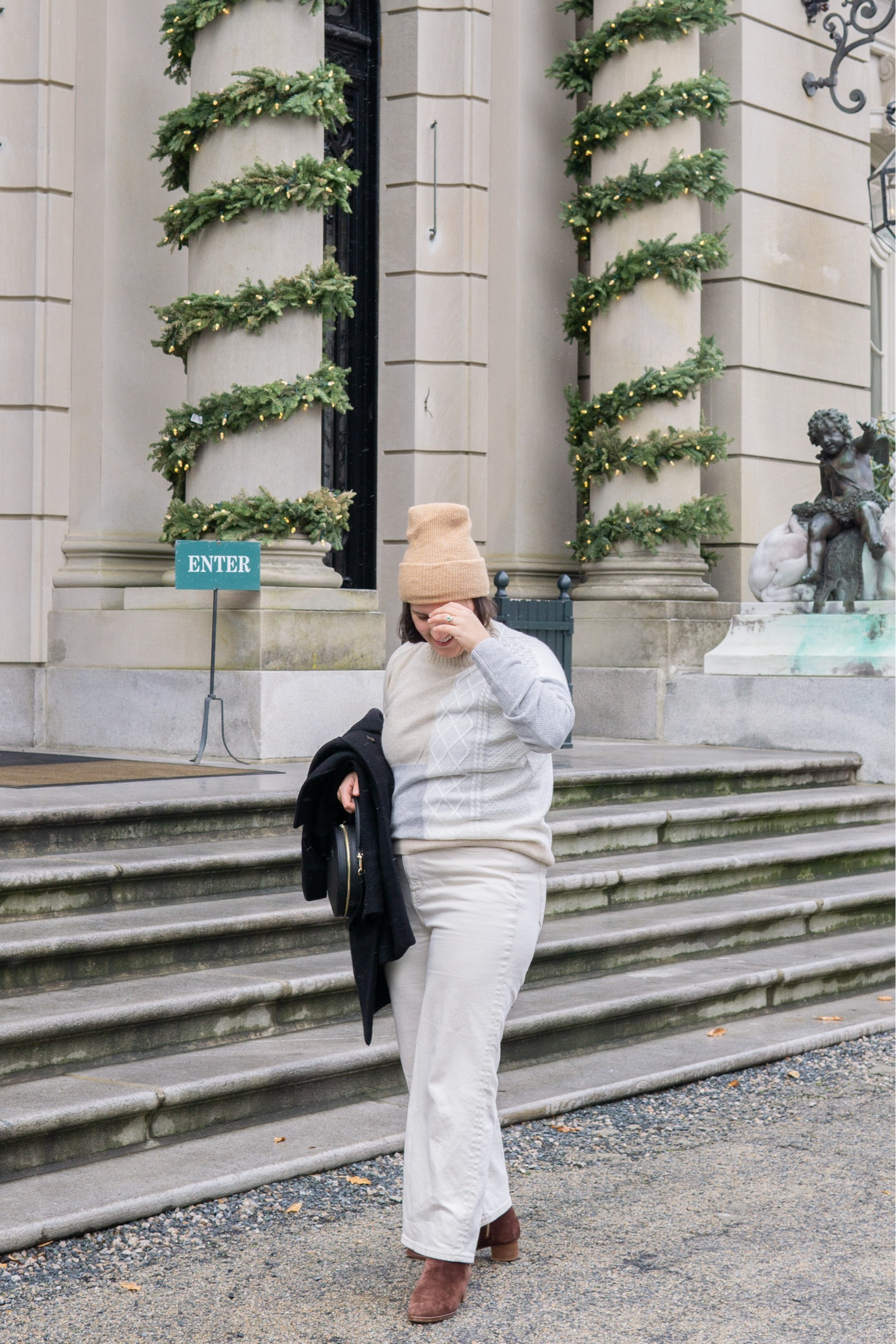 Cozy in Vineyard Vines cashmere while exploring some of the Newport mansions. 🤍

I’m wearing:
Vineyard Vines Cashmere Sweater (Size Large)
J. Crew Crew Wide Leg Jeans (Size 32)
Sarah Flint Brown Booties
Camel Beanie
Black Mansur Gavriel Handbag

#LTKMidsize #LTKStyleTip #LTKFindsUnder100