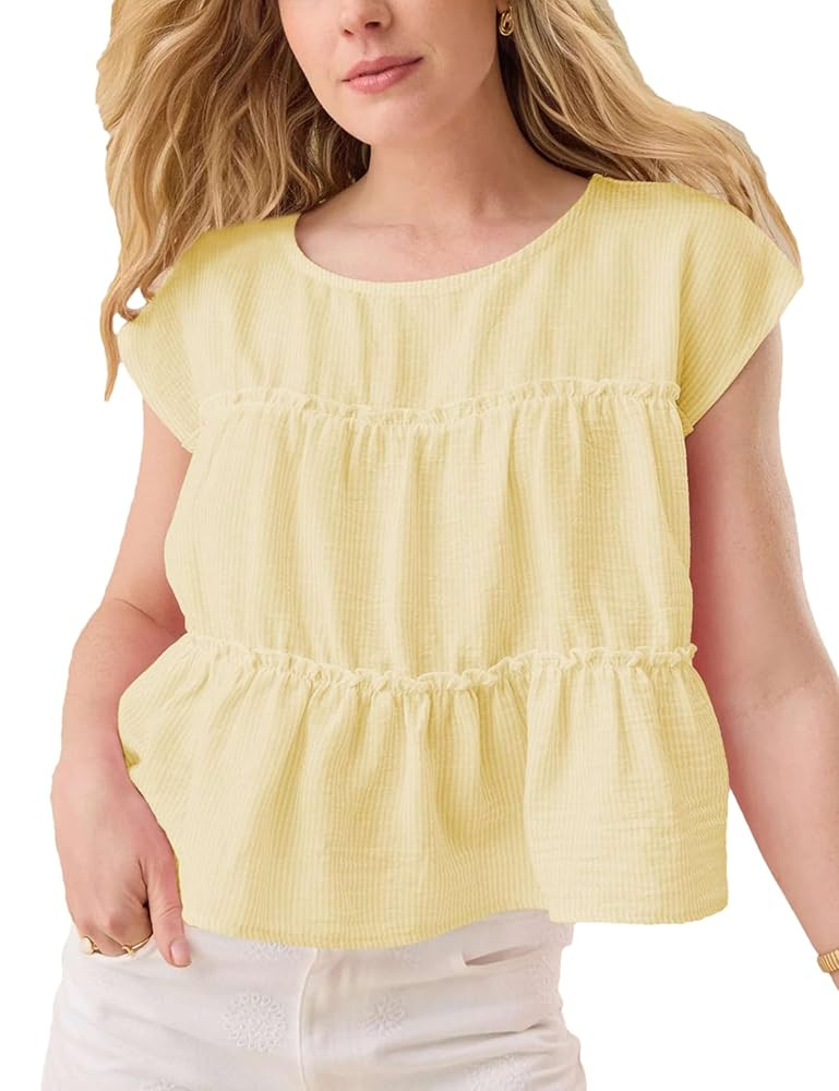 Wanzetaly Women's Summer Tops Striped Shirts Crewneck Cap Sleeve Babydoll Pleated Peplum Blouse | Amazon (US)