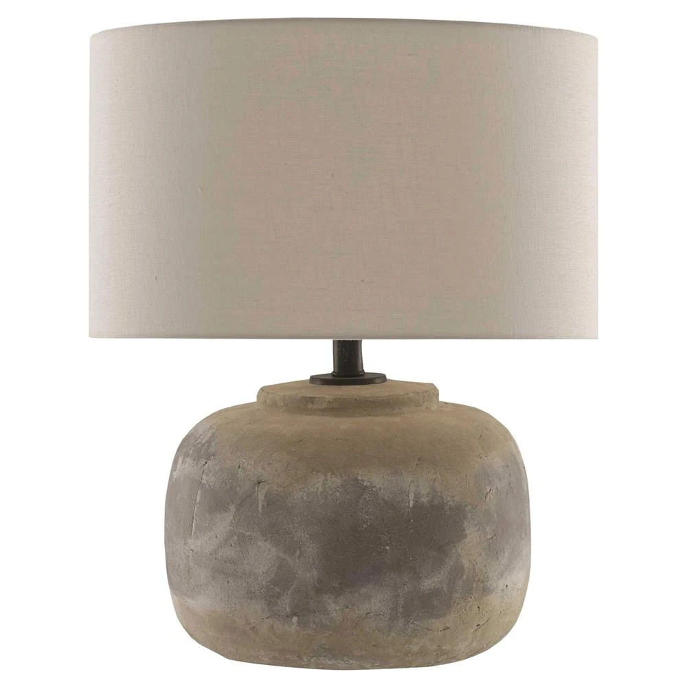 Vivian Industrial Loft Round Beige Linen Shade Grey Concrete Table Lamp | Kathy Kuo Home