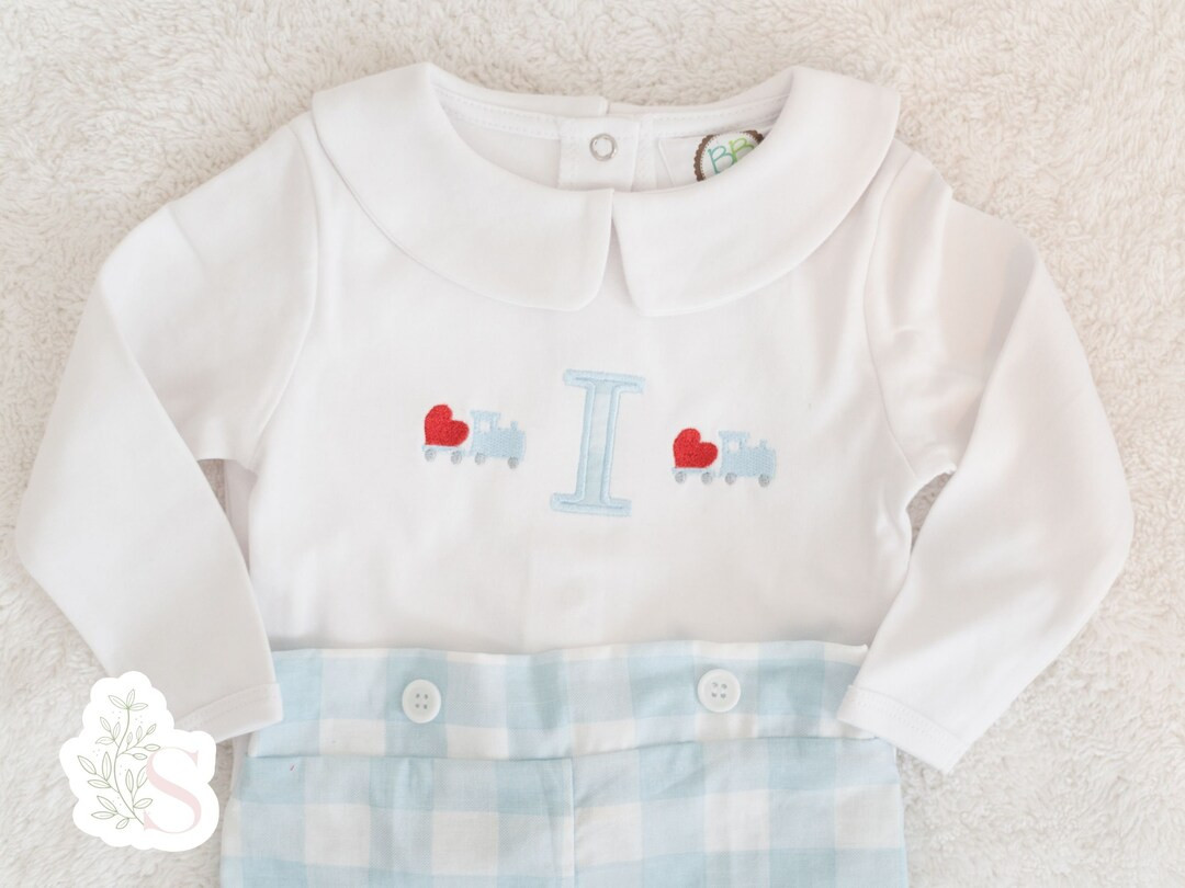 Boys Valentine's Day Outfit, Embroidered Initial & Train, Gingham Monogram T-Shirt, Baby Peter Pa... | Etsy (US)