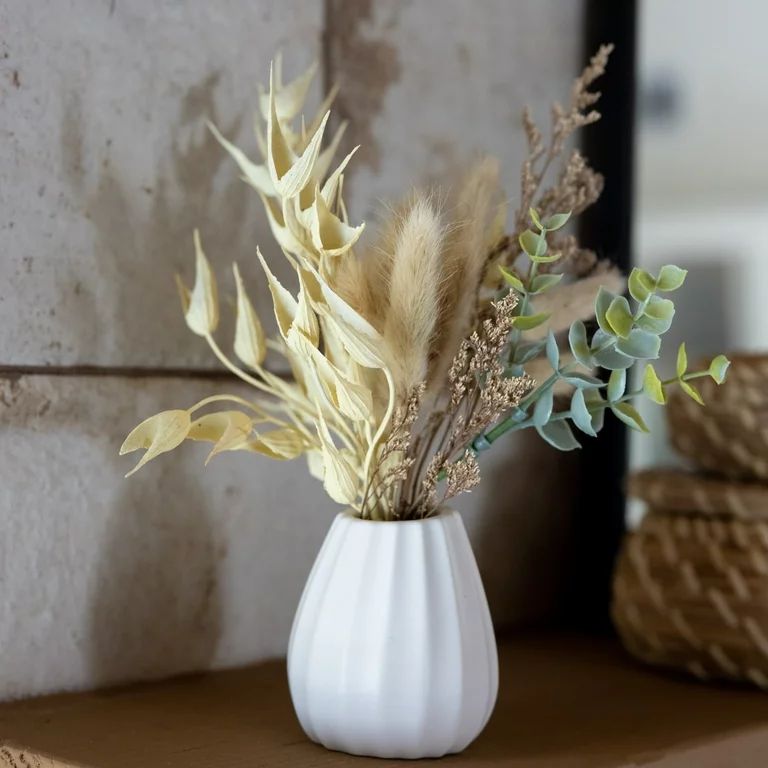 Flora Bunda 10" Artificial Mixed Dried Floral Arrangement in Ribbed White Ceramic Bud Vase - Walm... | Walmart (US)