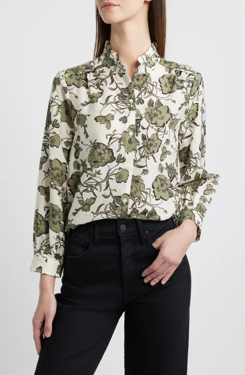 caslon(r) Ruffle Button-Up Shirt in Ivory- Green Small Floral at Nordstrom, Size X-Small | Nordstrom