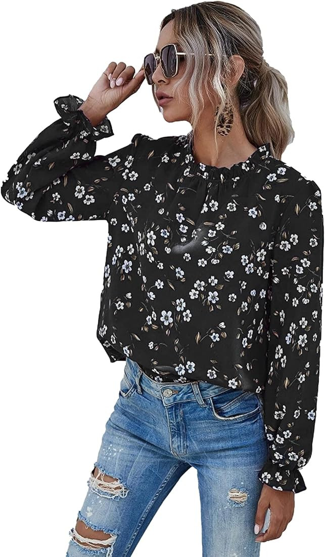 Romwe Women's Floral Print Flounce Long Sleeve Mock Neck Work Blouses Tops | Amazon (US)