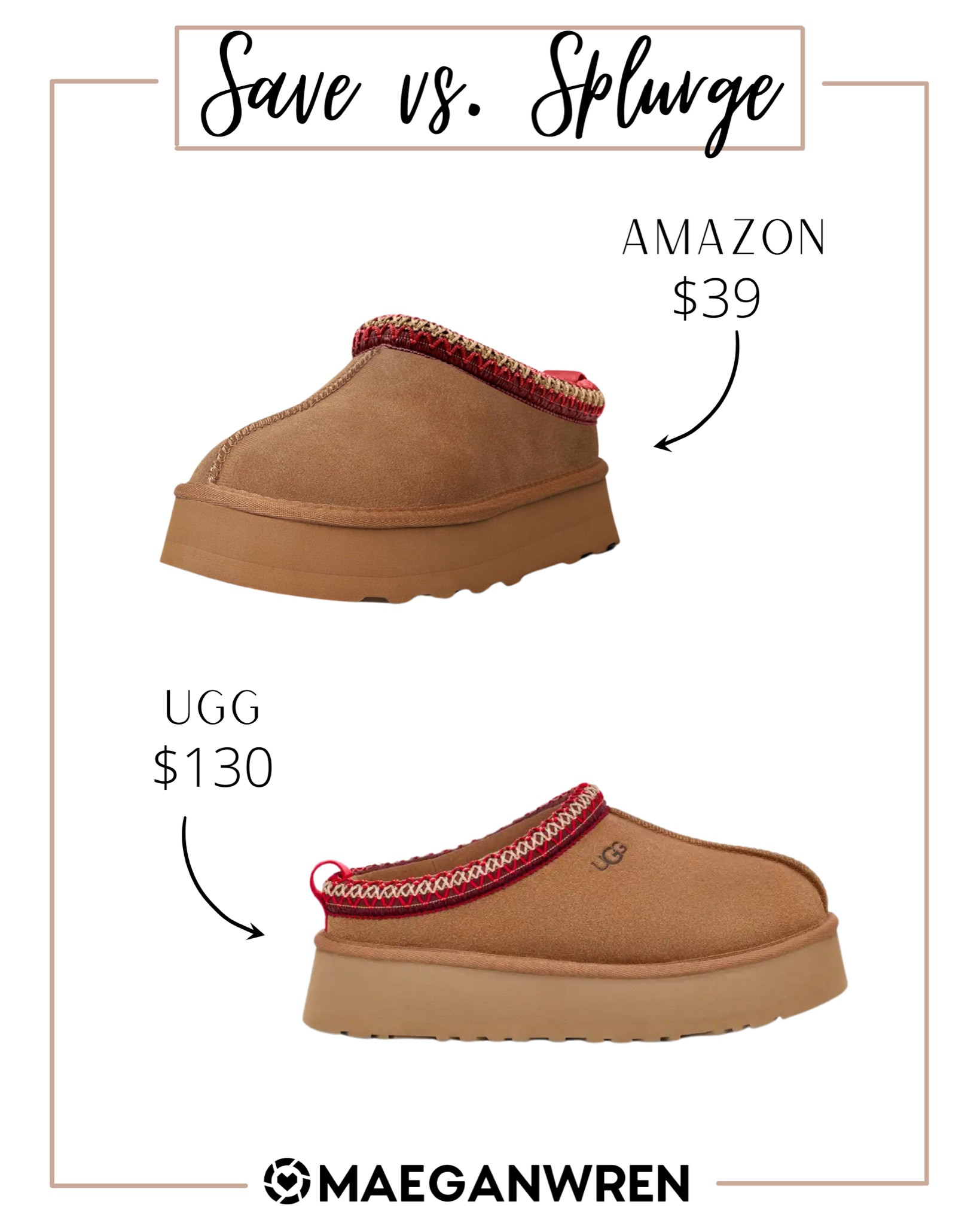 Save vs Splurge // look for less // designer inspired - UGG Tazz slippers, Amazon lookalike, tan, brown, suede, fuzzy, fall, winter, platform, red detail, mini boots, women, snow, cold weather, warm shoes, fur, affordable lifestyle, perfect for roadtrip or airport, flight travel

#LTKFindsUnder50 #LTKShoeCrush #LTKSeasonal