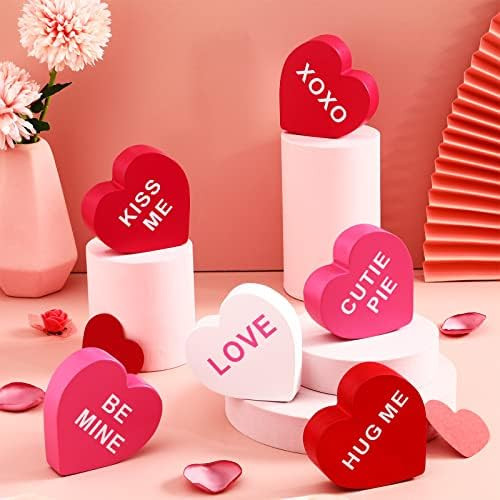 6 Pieces Valentine's Day Wooden Sign Heart Shape Home Decor Conversation Heart Signs Candy Heart ... | Amazon (US)