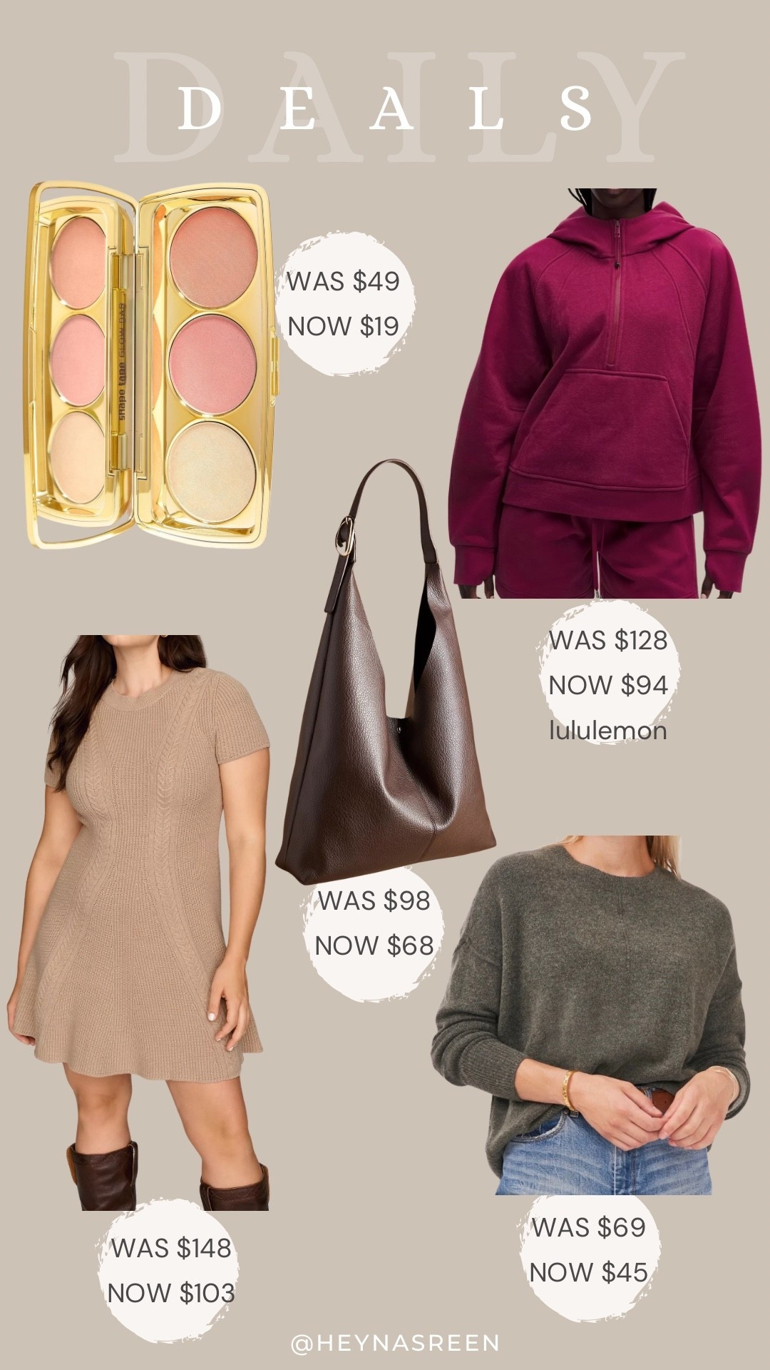 Daily deals on Tarte blush & highlighter palette, lululemon half zip, Vince Camuto sweater, Anthropologie bag, Anthropologie sweater dress