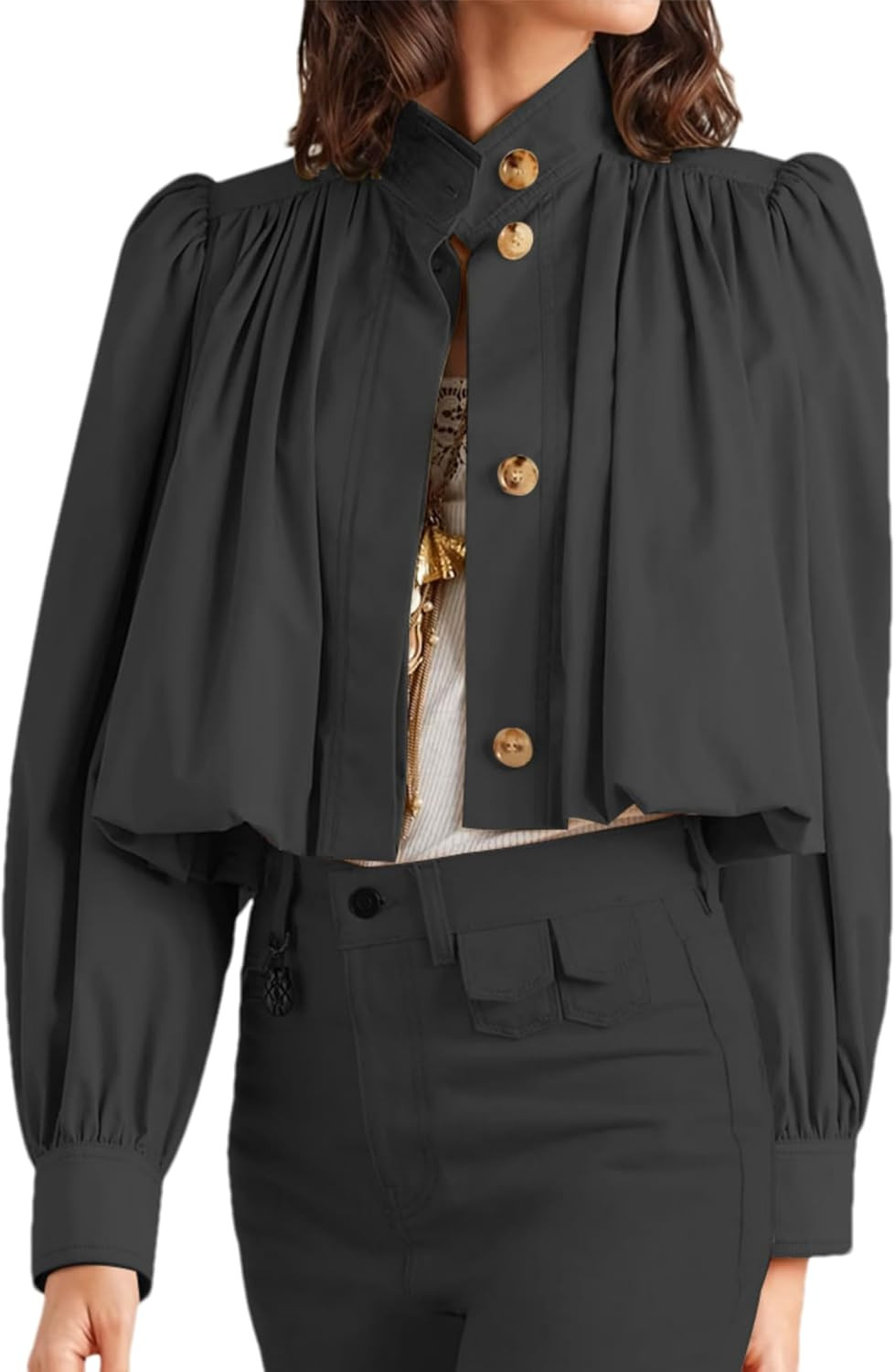 Womens Cropped Pleated Jacket Button Trench Coat Casual Outwear | Amazon (US)