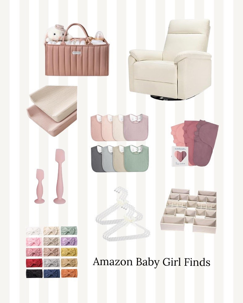 Amazon baby girl products: newborn headbands, pink diaper caddy, nursery dresser drawer organizer, pearl baby hangers, etc  

#LTKFindsUnder50 #LTKBaby