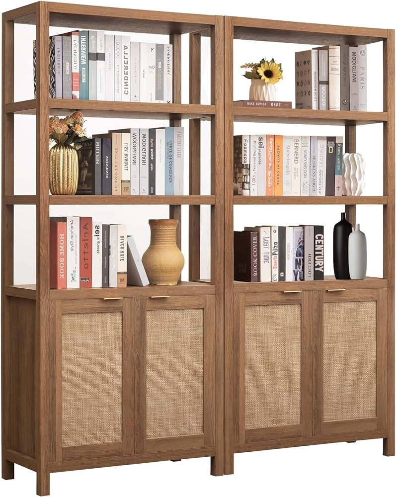 SICOTAS Bookshelf 5 Tier Book Shelf Rattan Boho Tall Bookcase with Doors Storage Wood Shelves Lar... | Amazon (US)