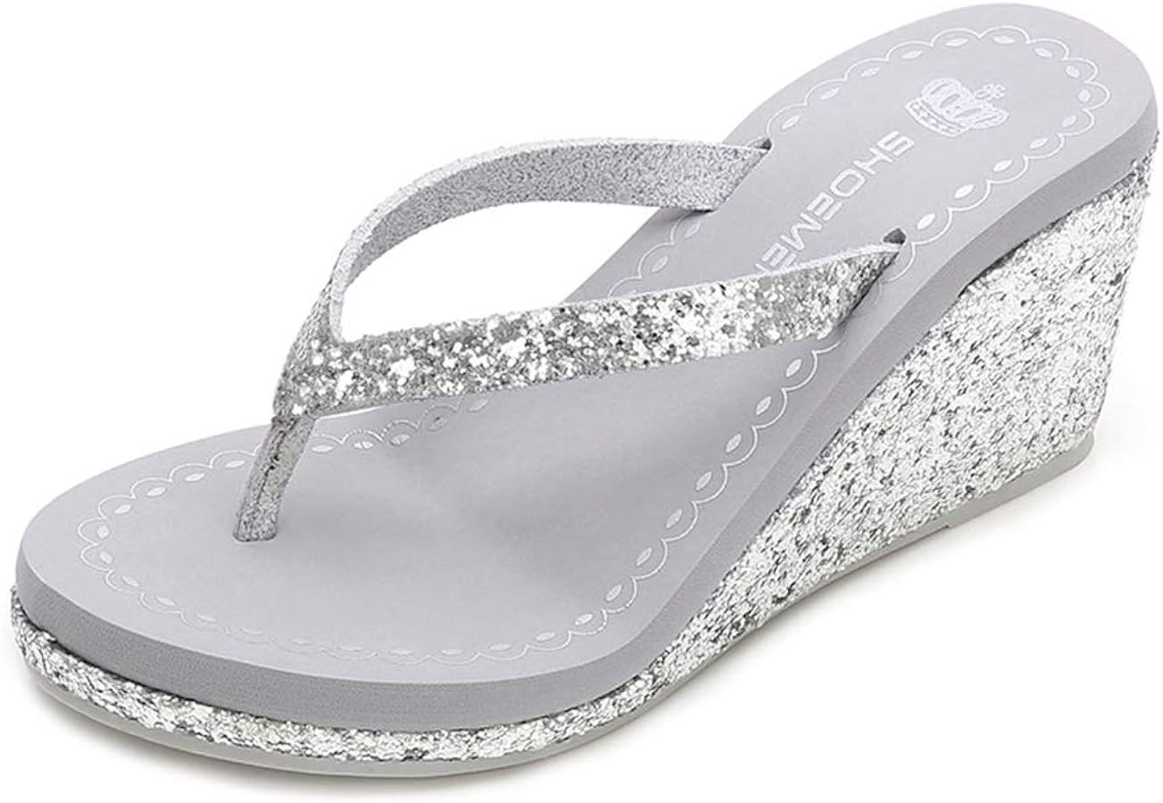 MIOKE Women's Wedge High Heel Flipflops Sandals Glitter Sequin Platform Comfy Nonslip Summer Thon... | Amazon (US)