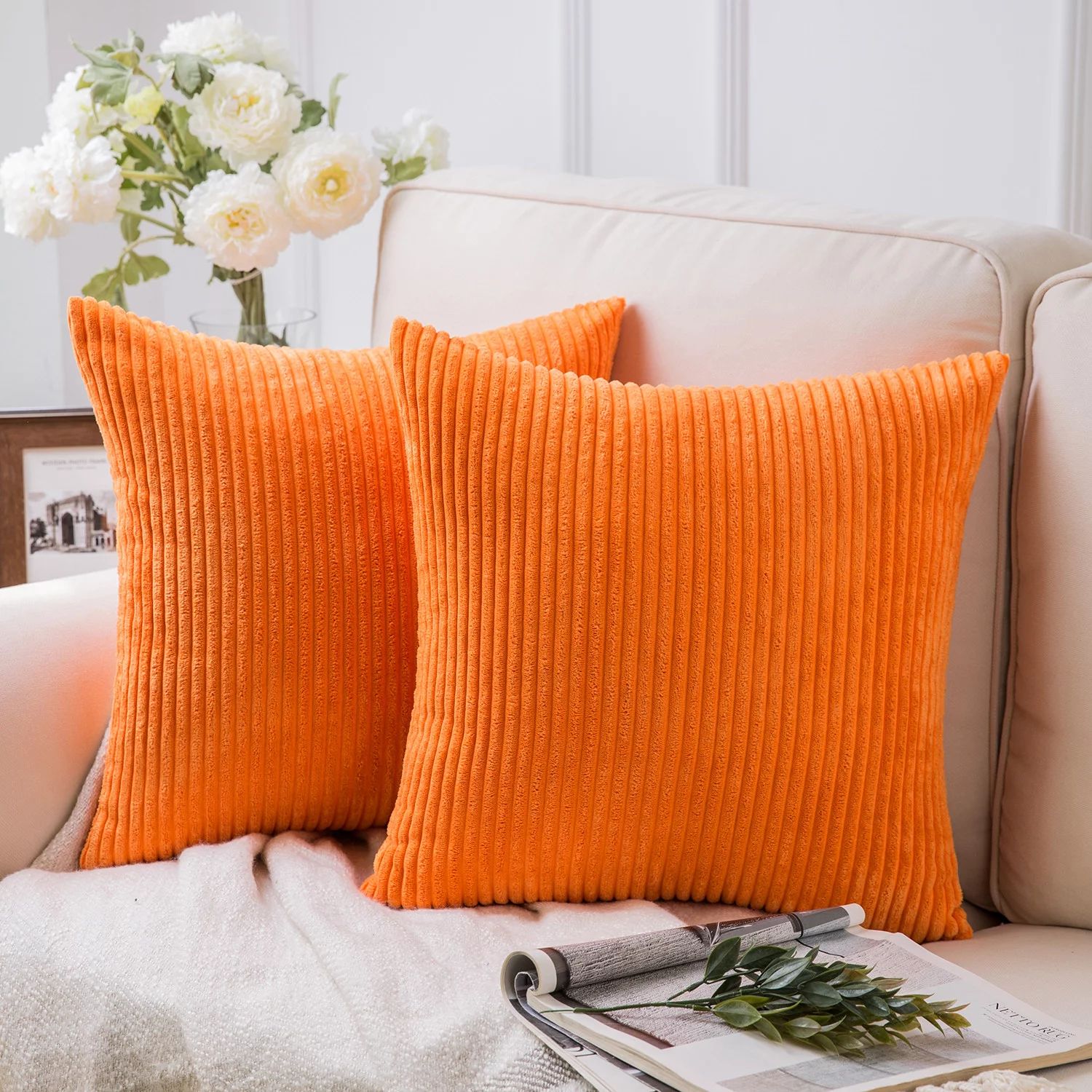 Soft Corduroy Striped Velvet Square Decorative Throw Pillow Cusion For Couch, 20" x 20", Orange, ... | Walmart (US)