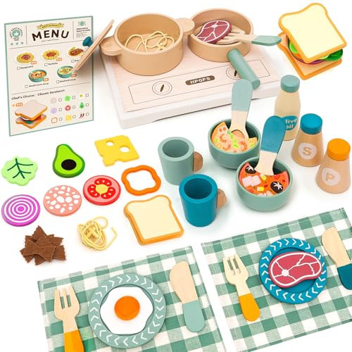 HAPGFS Wooden Play Cooking Set, Kids Pretend Play Kitchen Accessories Toys Set, Includes Play Plates, Pots, Bowls, Pans, Cutlery, Includes Fake Food, Gift for 3 4 5 Years Old Girls Boys for Birthday | Amazon (US)