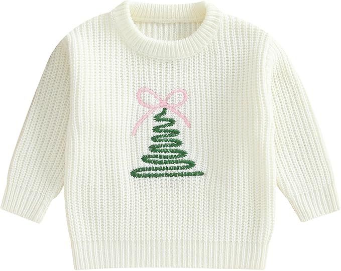 Toddler Girl Christmas Tree Sweater Long Sleeve Chunky Knit Pullover Tops Infant Baby Wreath Embr... | Amazon (US)