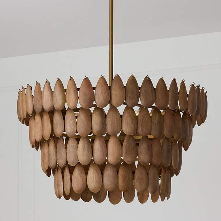 Capital Ravi 28 3/4" Patinaed Brass and Wood Modern Tiered Pendant | Lamps Plus