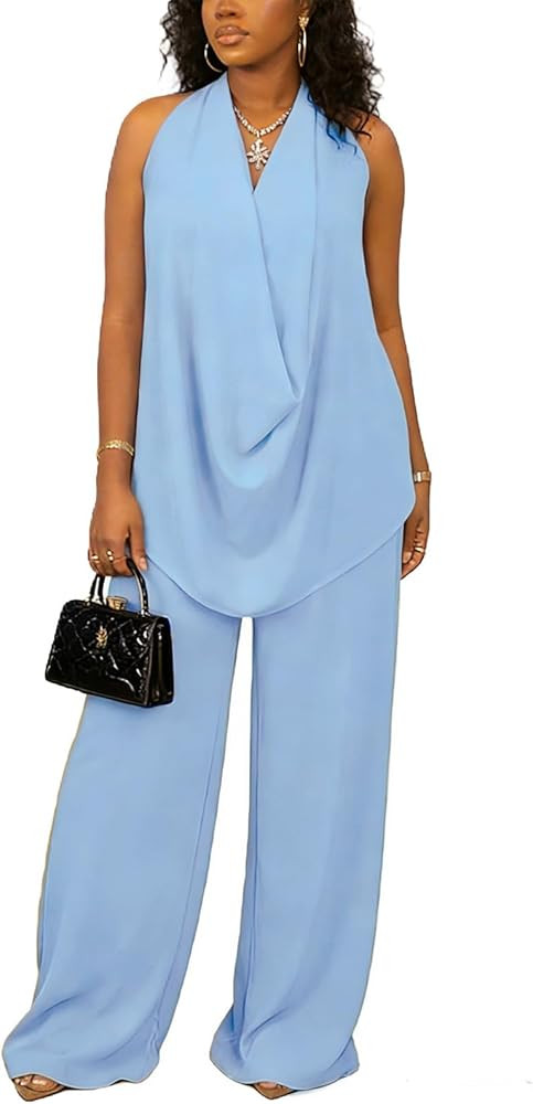 Vssjavun Women's Summer 2 Piece Outfits Cowl Neck Sleeveless Halter Tops and Wide Leg Pants Vacat... | Amazon (US)