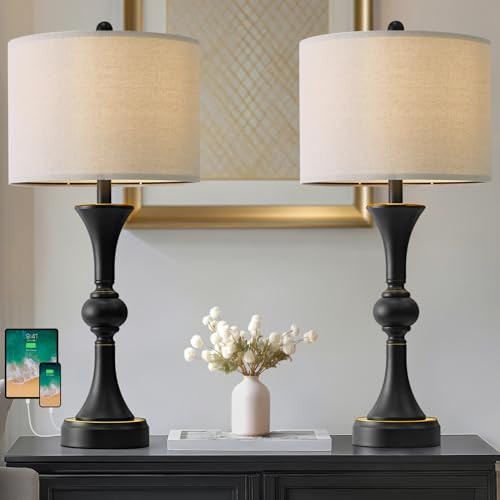 Oneach 28" Modern Table Lamps Set of 2 for Living Room, Bedside Lamps with USB Ports, Black Nightstand Lamps Set for Bedroom Farmhouse Lamp End Table Lamps (Bulbs not Included) | Amazon (US)
