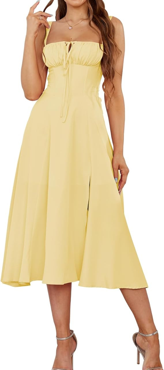 Floral Midi Corset Dress Boho Flowy Slit Lace Up Dresses for Women Going Out A Line Casual Sundre... | Amazon (US)