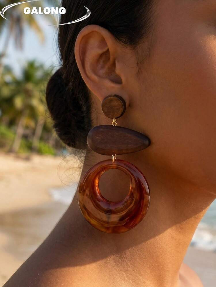 [Vintage Multi-Layer Hoop Earrings] Handmade Woven Wine Red Wooden Earrings | Olive Green Contras... | SHEIN
