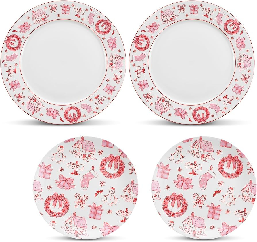 Jinei 4 Pcs Christmas Ceramic Plates Pink Bow Xmas Print 9" 7" Dinner | Amazon (US)