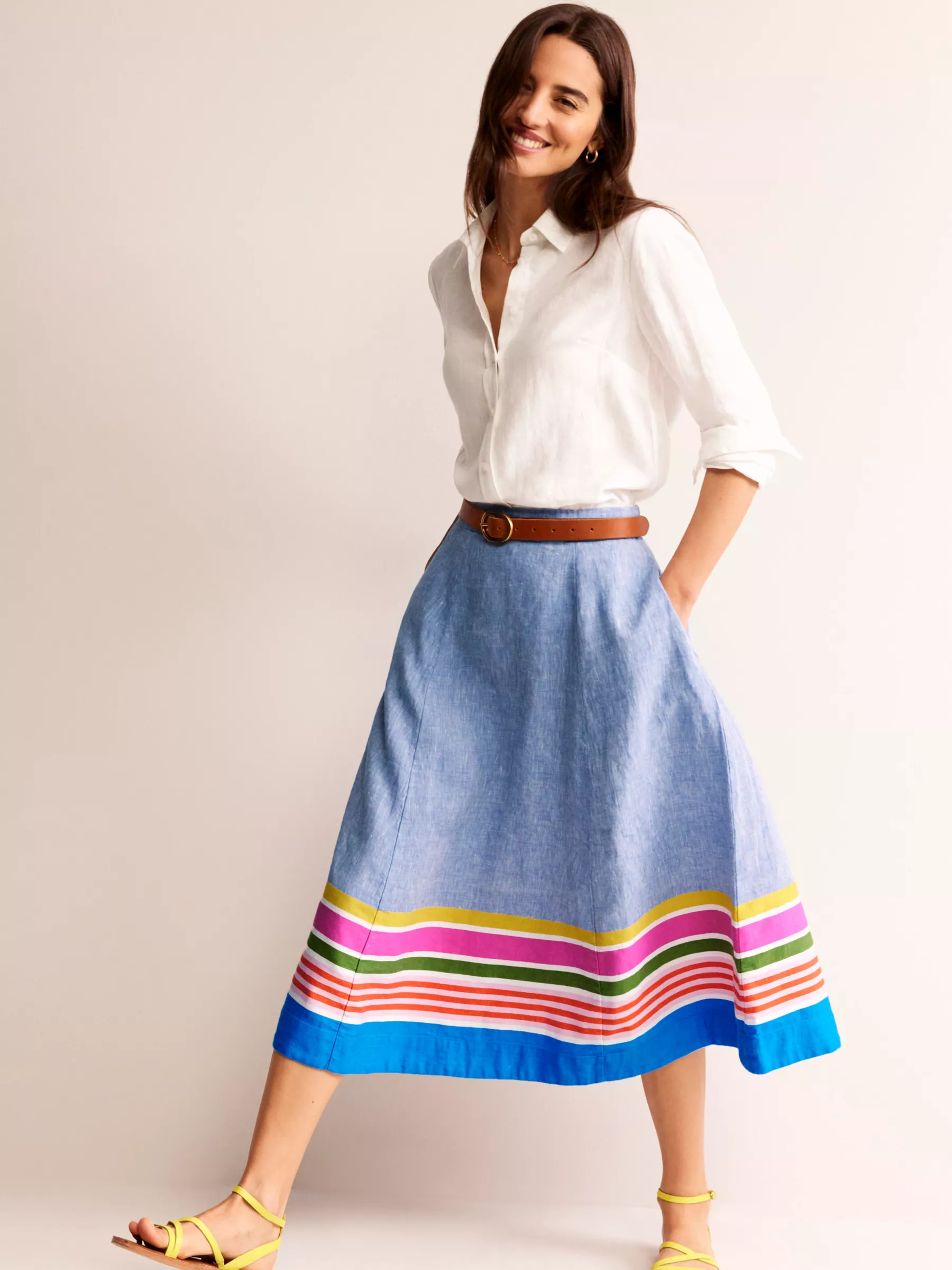 BodenStripe Hem Midi Skirt, Blue/Multi | John Lewis (UK)