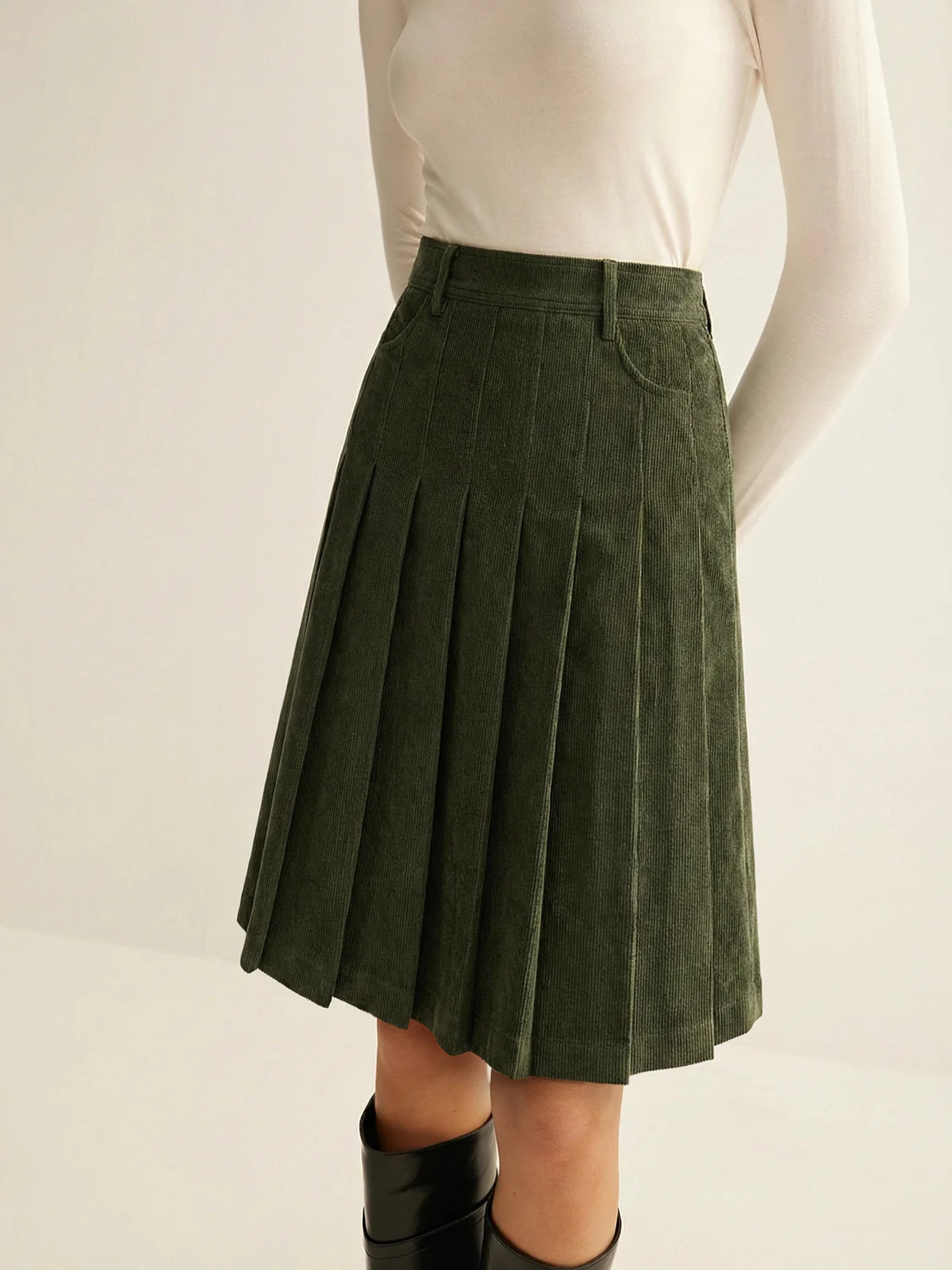 Pleated Corduroy Midi Skirt | Commense