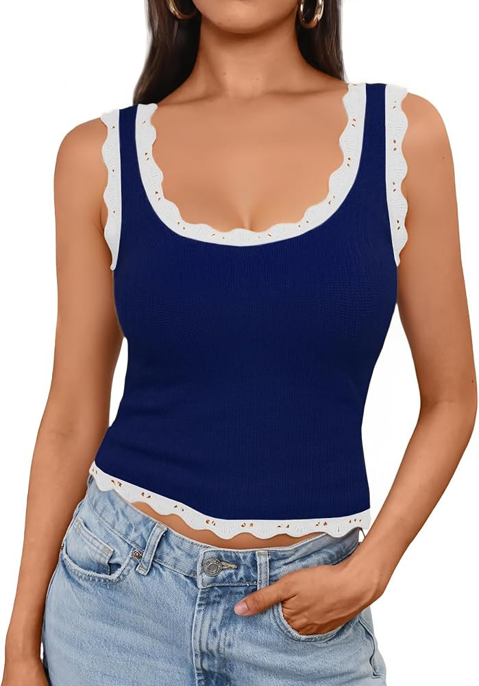 Women's Scoop Neck Tank Tops Color Block Scallop Trim Crop Cute Tanks Summer Sleeveless Knit Slim... | Amazon (US)