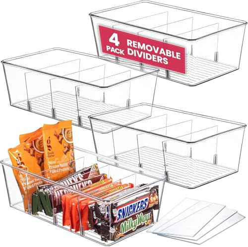 Oizeir Clear Pantry Organizer Bins 4-Pack - Fridge Organizer with 3 Removable Dividers - Kitchen Pantry Organizers & Storage - Storage Cabinet Snack | Amazon (US)