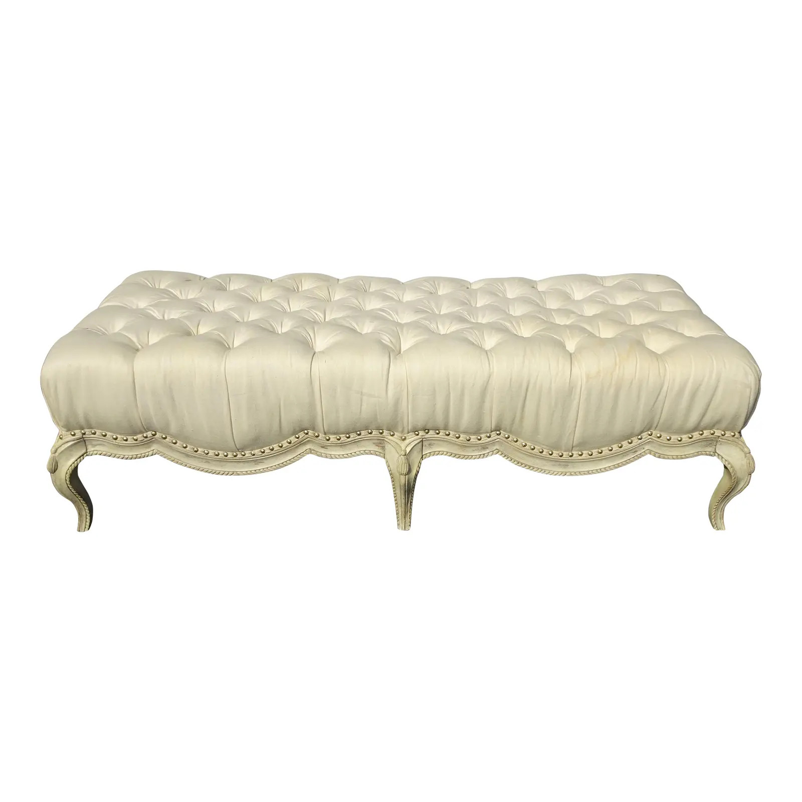 Long Oversized French Provincial White Tufted Bedside Bench W Decorative Nails | Chairish