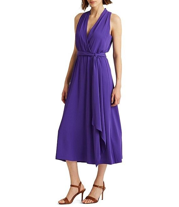 Halter Surplice V-Neck Sleeveless Faux Wrap Midi Dress | Dillard's