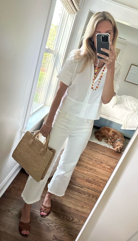 Today’s casual work outfit! Cropped blouse (xs), white jeans (tts/go with your larger size), brown sandals (size up 1/2 size), raffia tote


#LTKWorkwear #LTKStyleTip