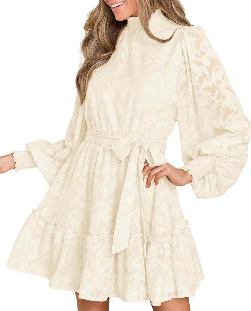 Ferlema Womens 2023 Long Puff Sleeve Smocked High Neck Tie Waist Floral Lace A Line Flowy Party M... | Amazon (US)