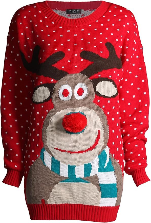 Forever Unisex Rudolph Print Snowflake Knitted Pom Pom Jumper | Amazon (US)