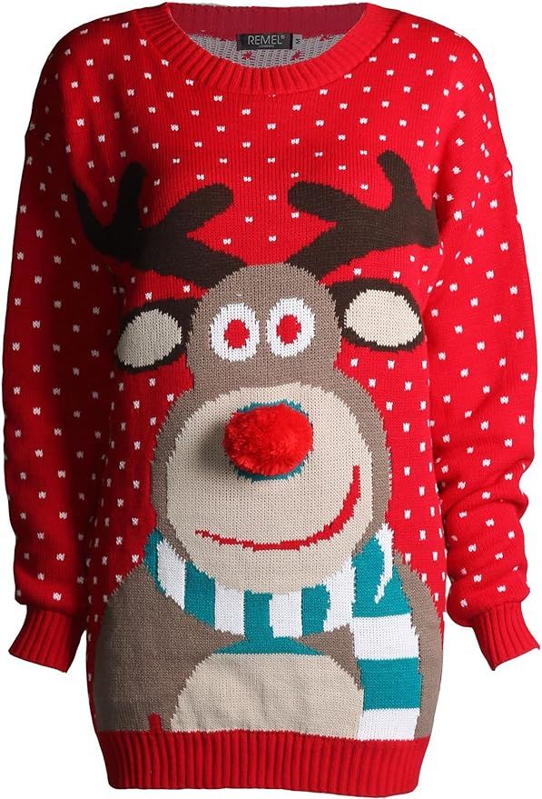 Forever Unisex Rudolph Print Snowflake Knitted Pom Pom Jumper | Amazon (US)