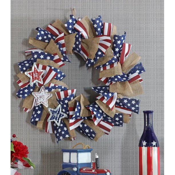 4th of July Patriotic 18" Gingham Wreath , Galvanized Metal Star, Red/White/Blue -Way to Celebrat... | Walmart (US)