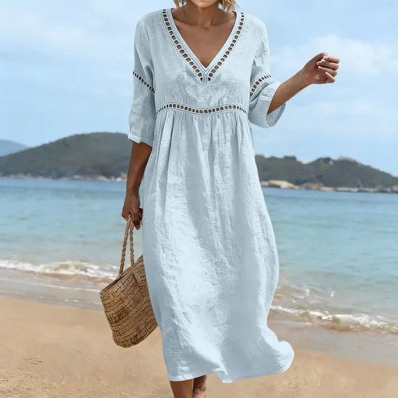 Roncen Linen Dress Women Women Midi Dress Summer Loose Short Sleeve V Neck Beach Eyelet Long Dres... | Walmart (US)