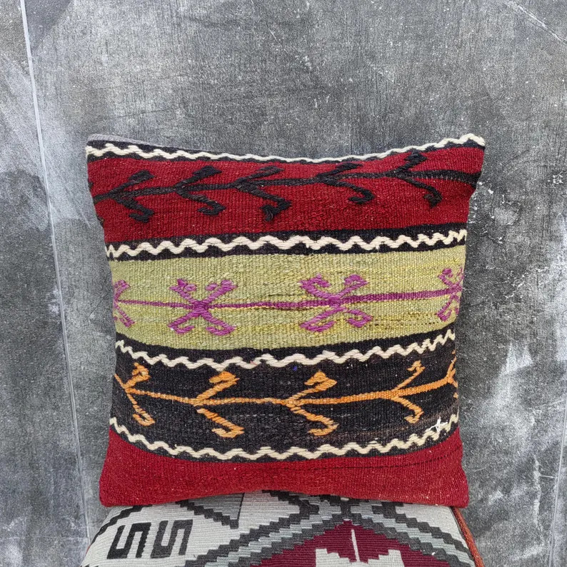 Turkish Kilim Pillow Cover, Vintage Handmade Pillow Case, 16'' X 16'' Lounge Throw Boho Cushion -... | Etsy (US)