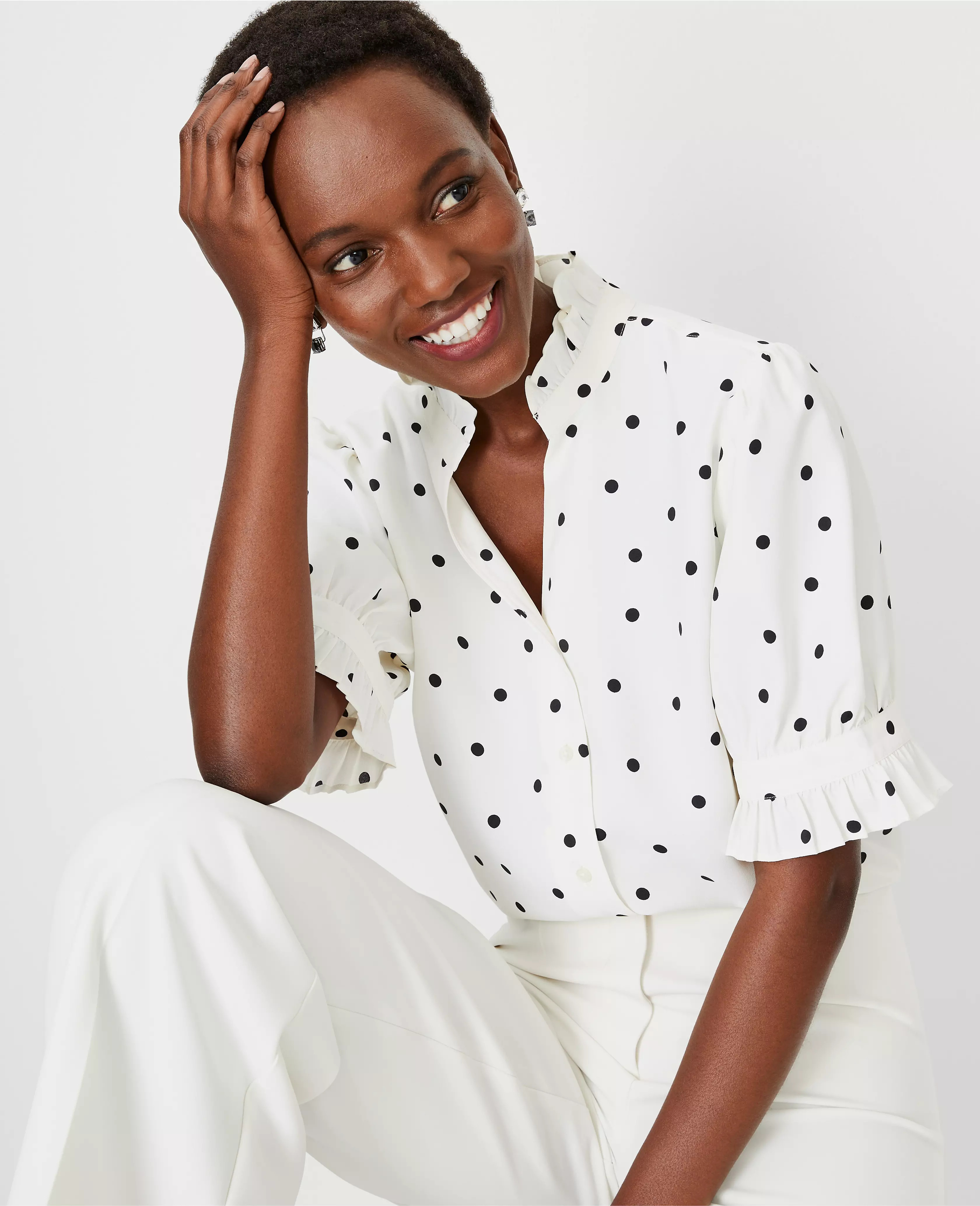 Polka Dot Ruffle Button Top | Ann Taylor (US)