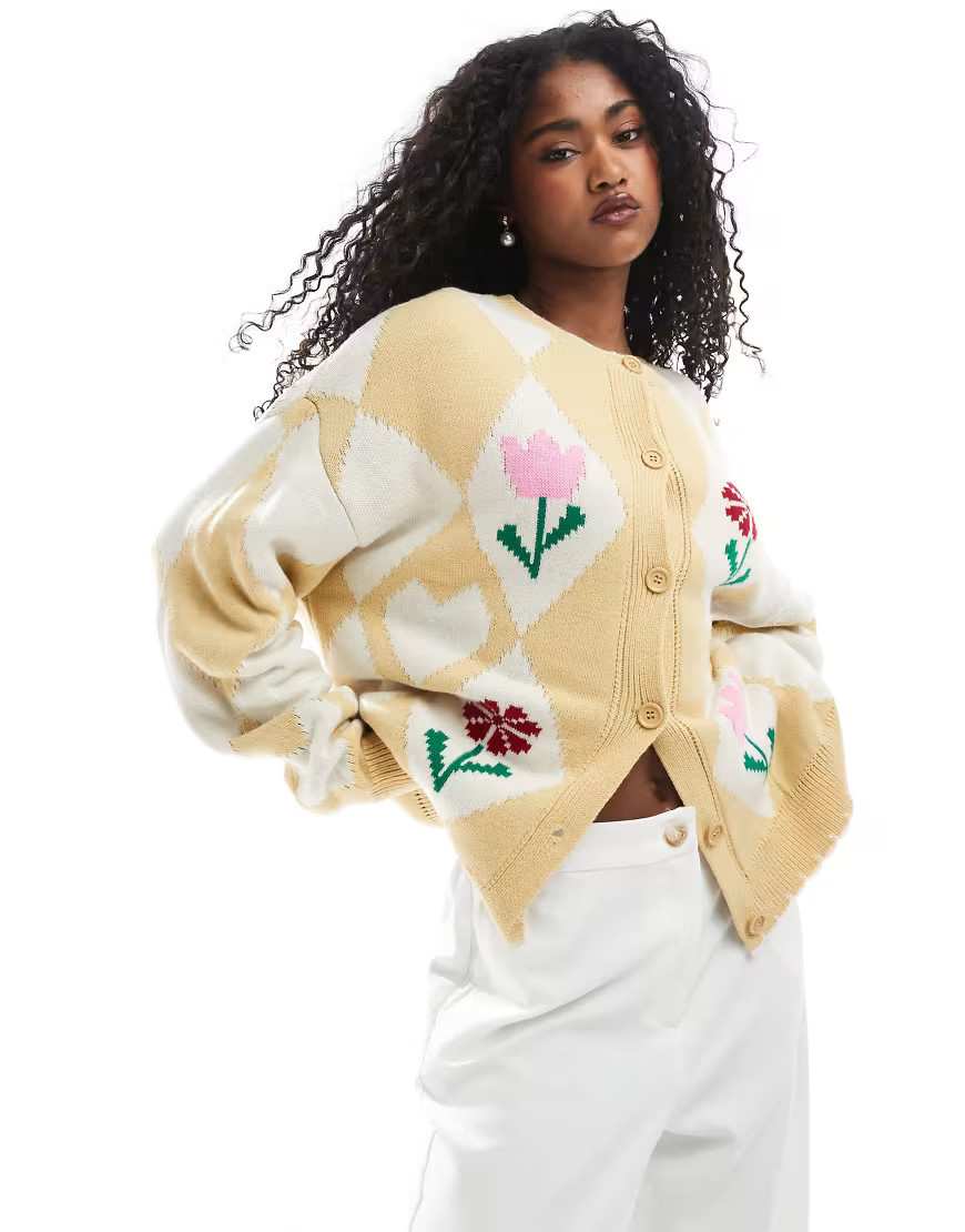 Miss Selfridge jacquard flower cardigan in buttermilk-Yellow | ASOS (Global)
