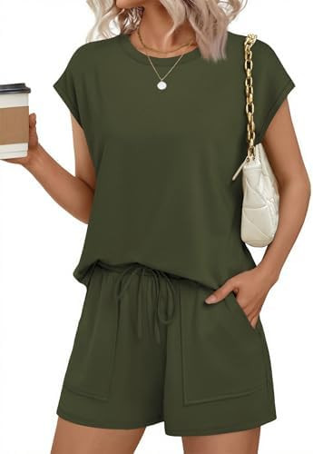 Ekouaer Two Piece Sets for Women Summer Crew Neck Lounge Short Sets Cap Sleeve Drawstring Vacatio... | Amazon (US)