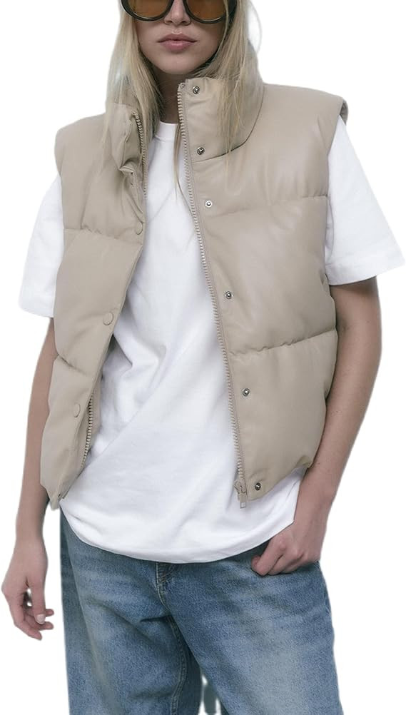 Yidarer Women’s Faux Leather Puffer Vest Zip-Up Stand Collar Quilted Sleeveless Jacket Casual F... | Amazon (US)