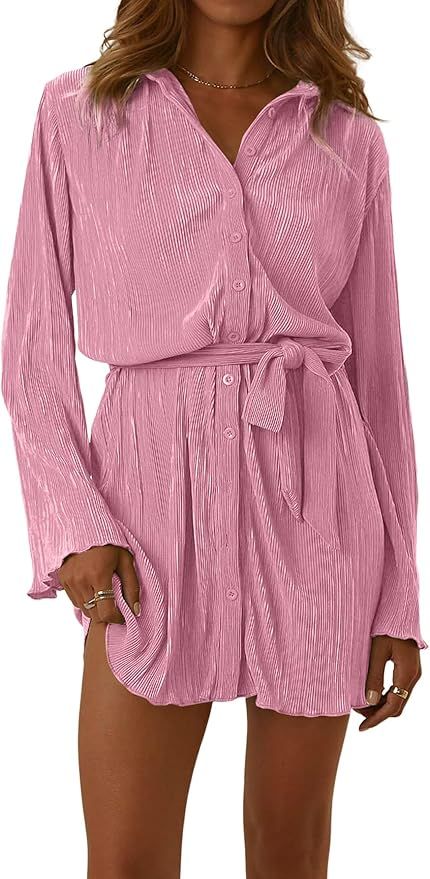 LYANER Women's Collar V Neck Button Down Pleated Long Sleeve Mini Shirt Dress with Belt | Amazon (US)