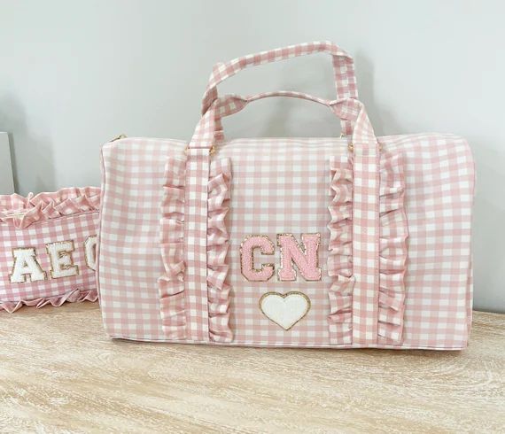 Gingham Ruffle Duffle Bag with Chenille Varsity Letter Patches Custom- Weekend Overnight Cheer Sp... | Etsy (US)