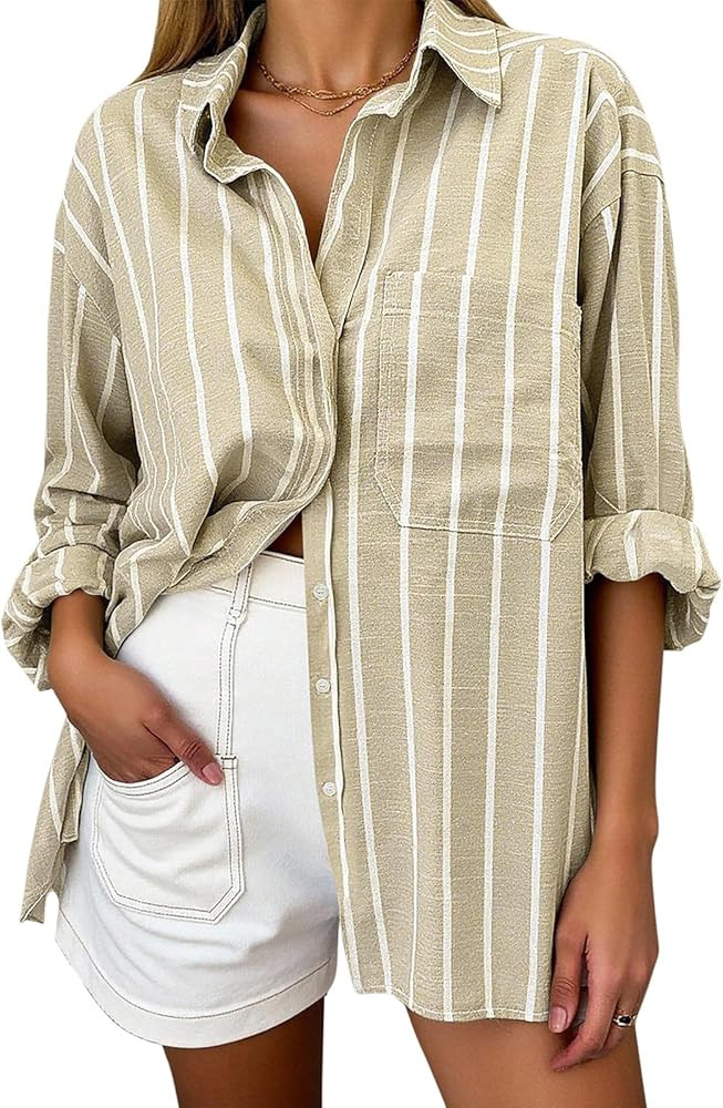 Oversized Button Down Shirts for Women Linen Shirt Long Sleeve Collared Blouses with Pocket Beach... | Amazon (US)