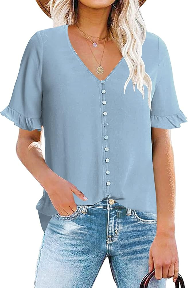 luvamia Women's Casual V Neck Tops Ruffle Short Sleeve Blouses Button Down Shirts | Amazon (US)