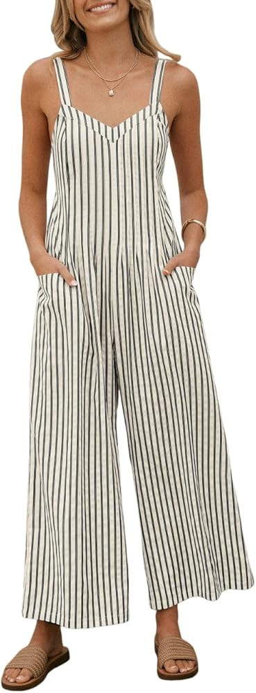 CUPSHE Maxi Jumpsuit for Women Striped Sleeveless Smocked Cutout Back Wide Leg Summer Casual Over... | Amazon (US)