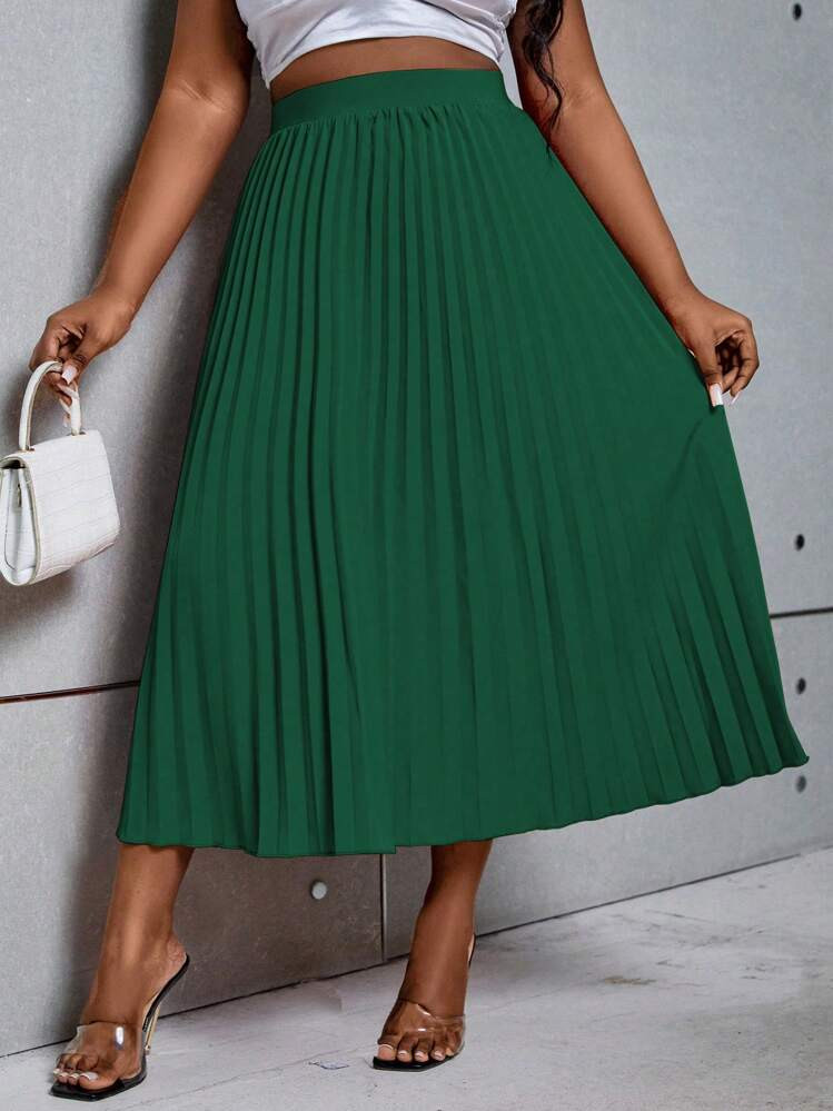 Celure Plus Size Women Simple Solid Color Pleated Skirt | SHEIN
