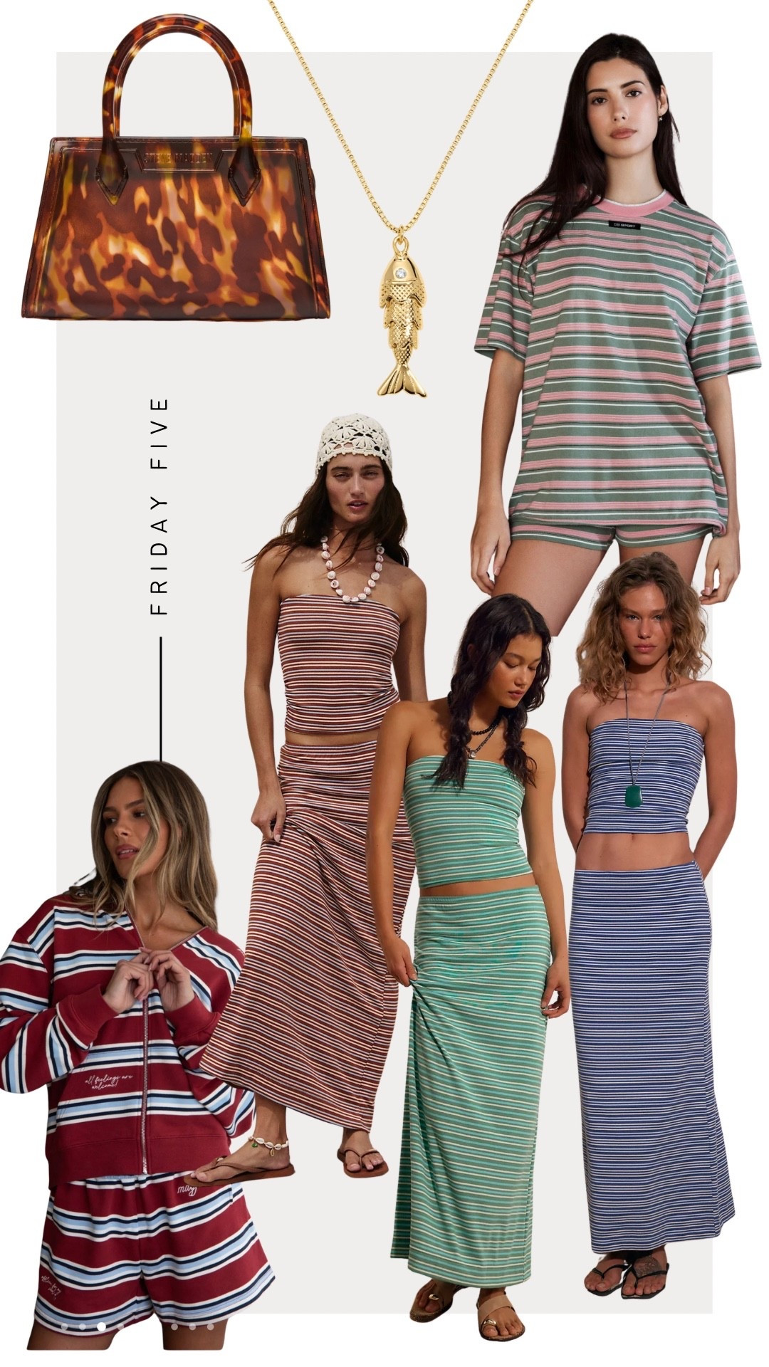 Friday Five: 6-5-26
1. Dairy Boy Oversized Tee and Mini Shorts (🔗 in my ShopMy) 
2. Electric Picks Fish Necklace - Use: WildOne20
3. The Mayfair Group Stripe Set - Use: Kristin15 (🔗 in my ShopMy) 
4. Steve Madden Tortoise Jelly Bag
5. Free People Striped Skirt Set

#LTKootd