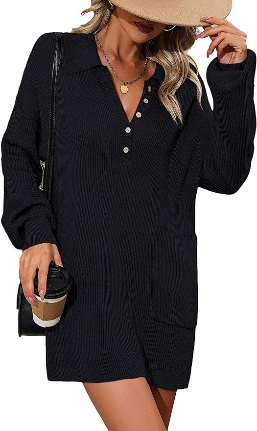 Asskdan Women's 2023 Fall V Neck Long Sleeve Sweater Dress Oversized Casual Lapel Button Pullover... | Amazon (US)