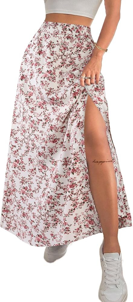 Avanova Women Boho Floral Slit Maxi Skirt Split Thigh High Waisted Long Sexy Skirt | Amazon (US)